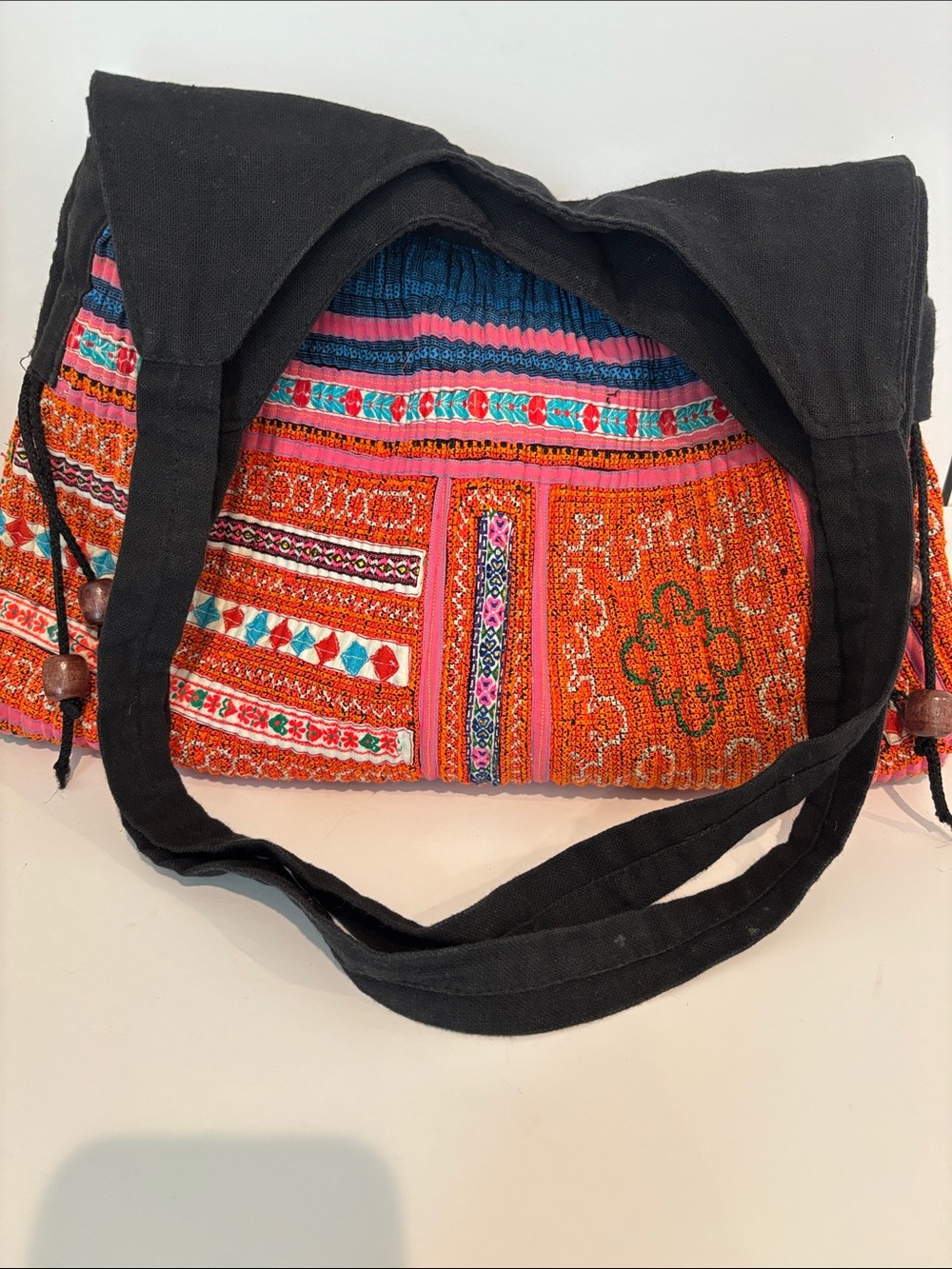 Vintage Hmong Hill Tribe Embroidered Shoulder Bag Boho Ethnic Tote Multi-Color